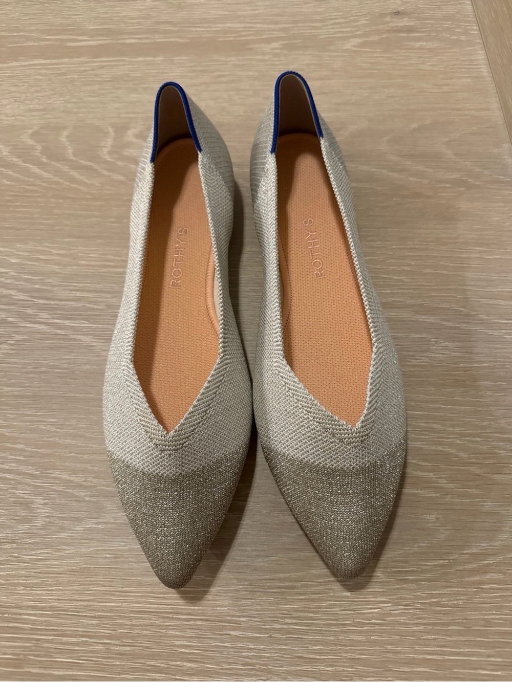 Rothy's Metallic Champagne Pointed Knit Flats with Blue Heel Trim